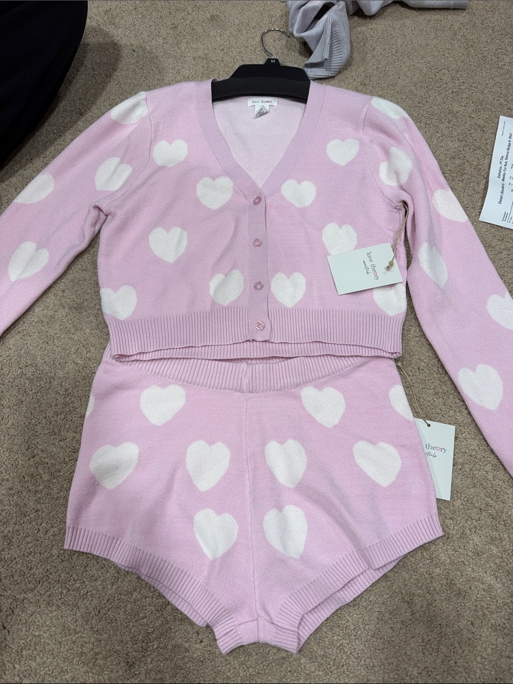 Theory Pink & White Heart Knit Pajama Set - Cardigan and Shorts